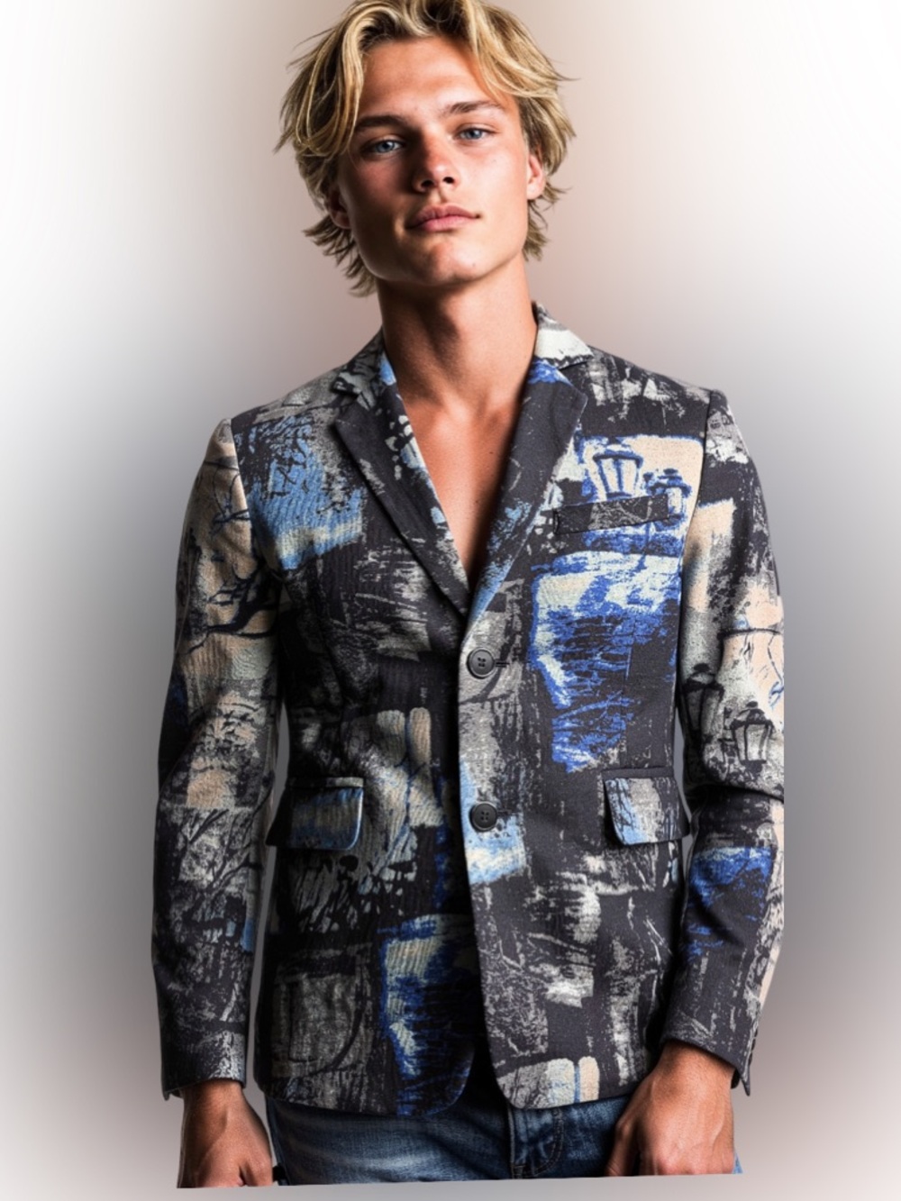 Vintage Black Blue Print Slim Fit Blazer Mens Medium Party Suit Jacket